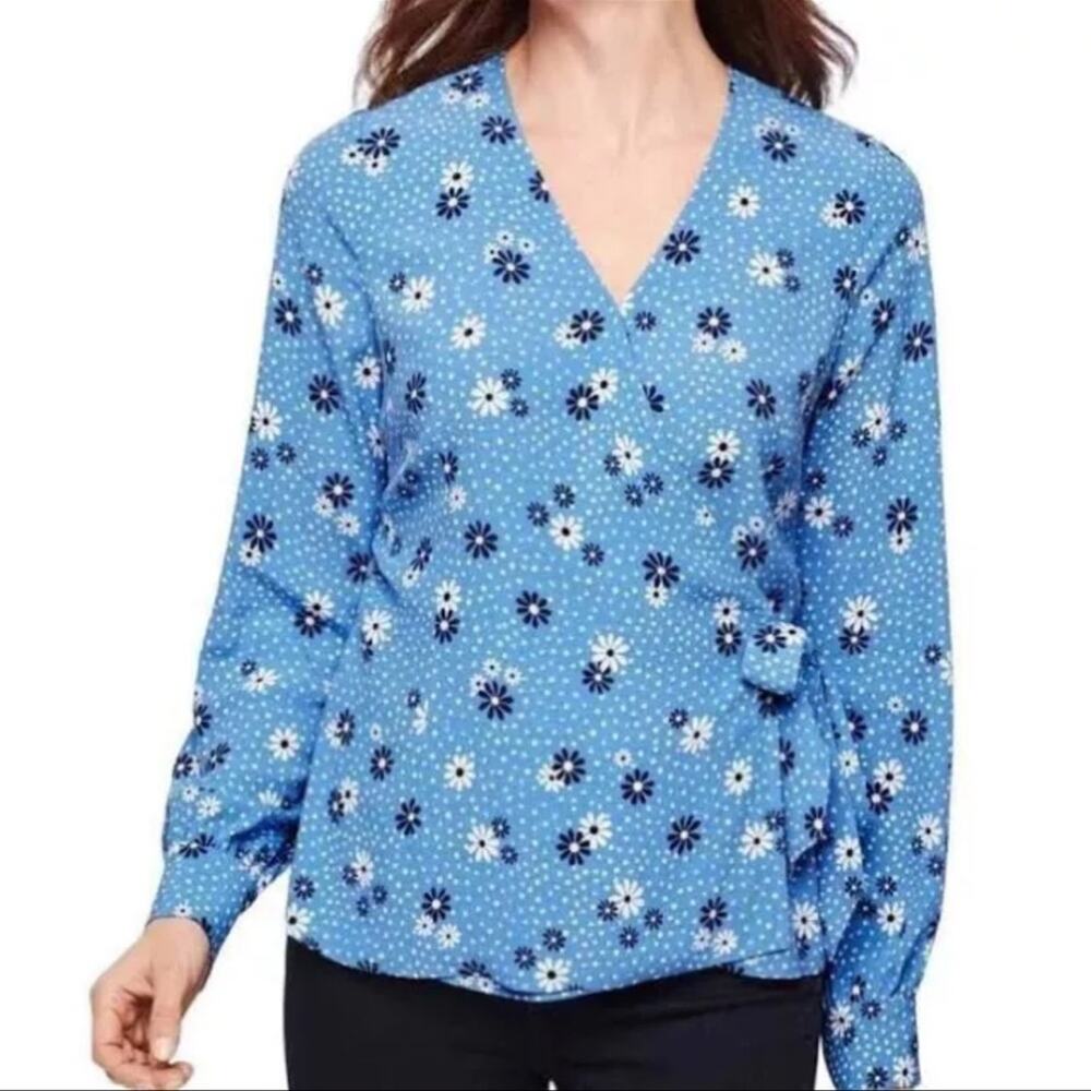 Talbots NWT wrap Blue Daisy Print long sleeves Blouse. - Picture 1 of 10